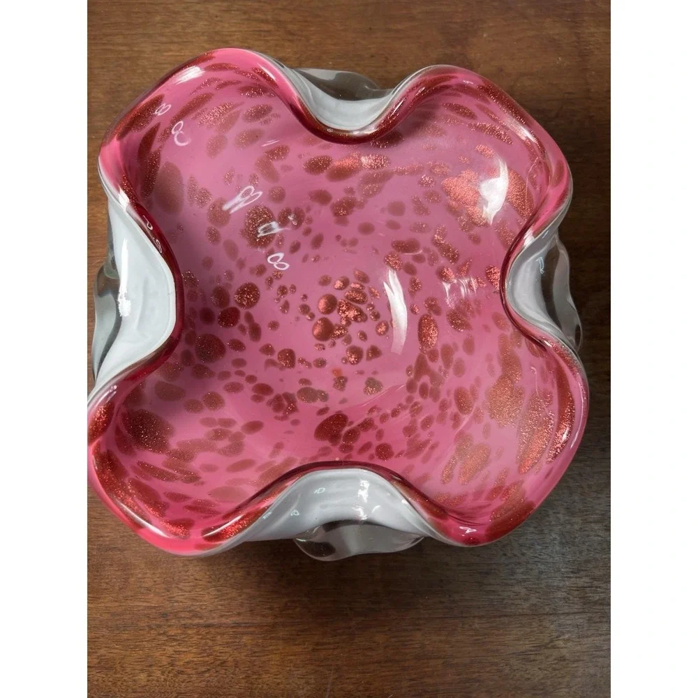 Vtg Murano Art Glass Bowl Sommerso Milk Glass Pink Cheetah Y2k Fashion Retro